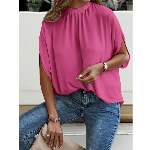 Pink Casual Top, Blouse Stand Collar Tie Back Half Sleeve - Picture 5 of 6